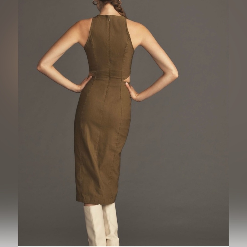 NWT BY ANTHROPOLOGIE SLEEVELESS CUTOUT SLIM MIDI DRESS OLIVE GREEN - Picture 2 of 8